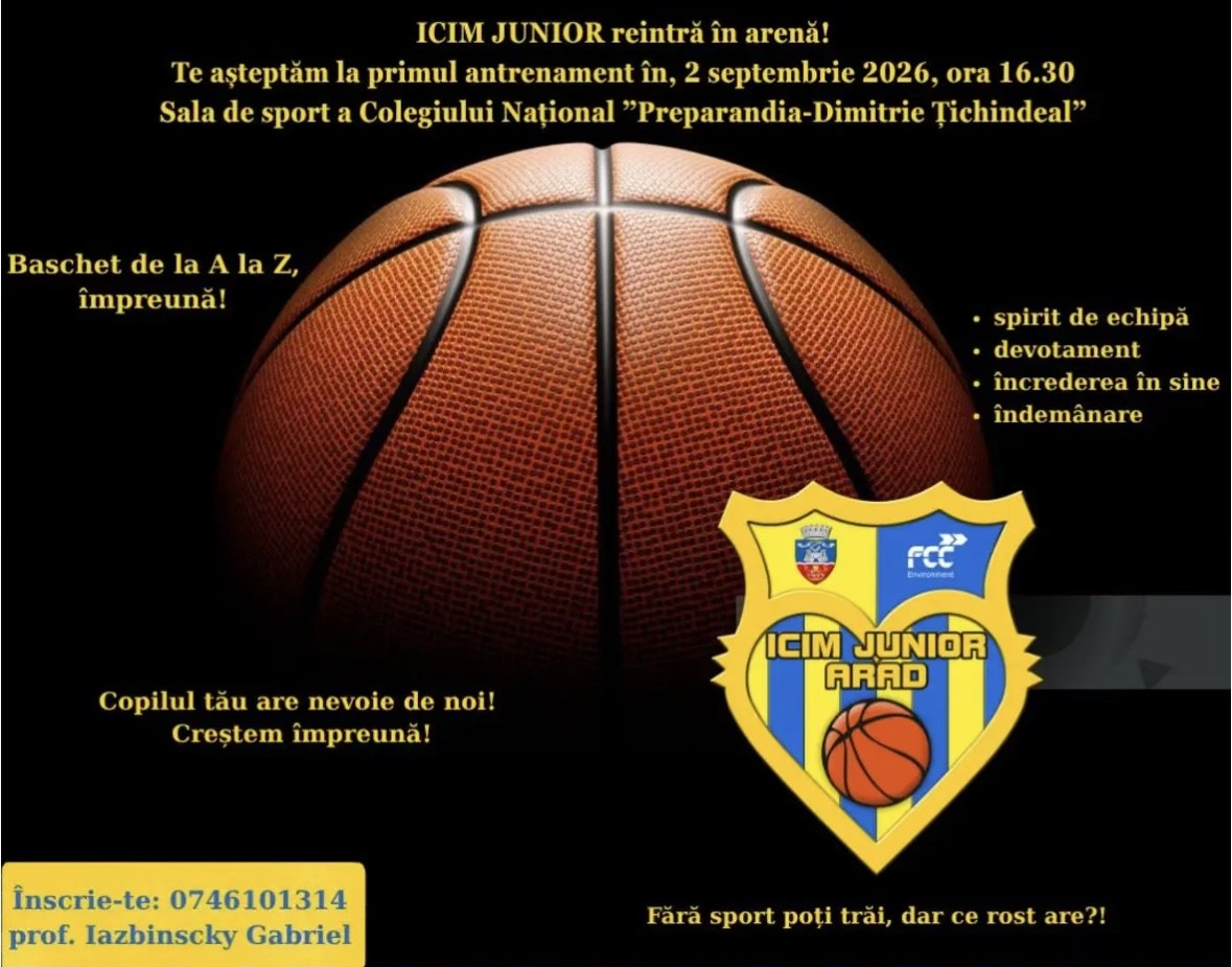 Afișul primului antrenament: o minge de baschet, sigla ICIM Junior Arad și textul „Copilul tău are nevoie de noi! Creștem împreună!”
