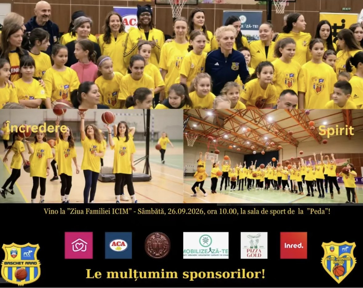 Afișul Zilei Familiei ICIM: jucătoarele și copiii în tricouri galbene, cu antrenorii, și siglele sponsorilor